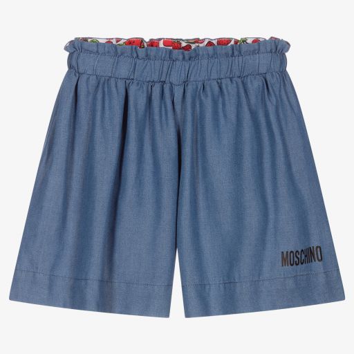 Moschino Kid-Teen-Teen Blue Chambray Logo Shorts | Childrensalon Outlet