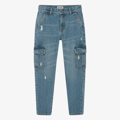 Moschino Kid-Teen-Teen Boys Blue Distressed Denim Cargo Jeans | Childrensalon Outlet