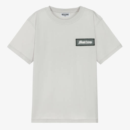 Moschino Kid-Teen-Teen Boys Pale Grey Cotton Patch T-Shirt | Childrensalon Outlet