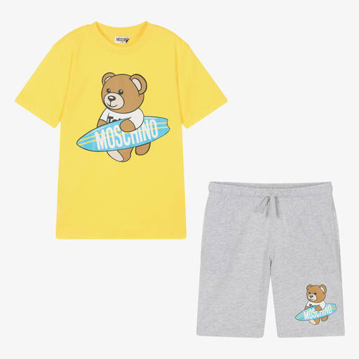 Moschino Kid-Teen-طقم شورت قطن لون أصفر ورمادي للمراهقين | Childrensalon Outlet