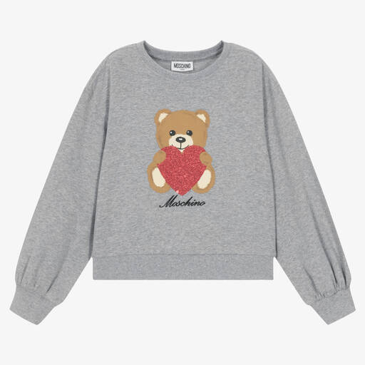 Moschino Kid-Teen-Teen Girls Grey Heart Teddy Sweatshirt | Childrensalon Outlet