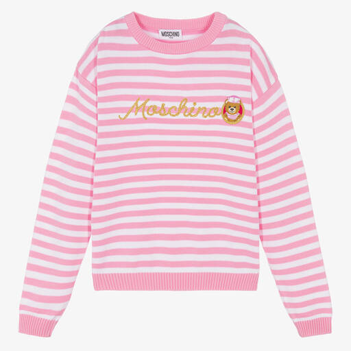 Moschino Kid-Teen-Teen Girls Pink Striped Logo Sweater | Childrensalon Outlet