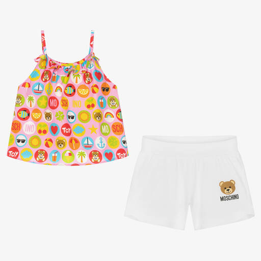 Moschino Kid-Teen-طقم شورت تينز بناتي قطن لون زهري وأبيض | Childrensalon Outlet