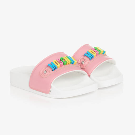 Moschino Kid-Teen-Teen Girls Pink & White Logo Sliders | Childrensalon Outlet