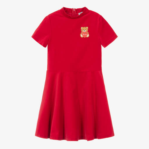 Moschino Kid-Teen-Красное платье из хлопкового бархата с медвежонком | Childrensalon Outlet