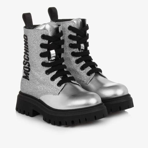 Moschino Kid-Teen-Teen Girls Silver Leather Sparkle Boots | Childrensalon Outlet
