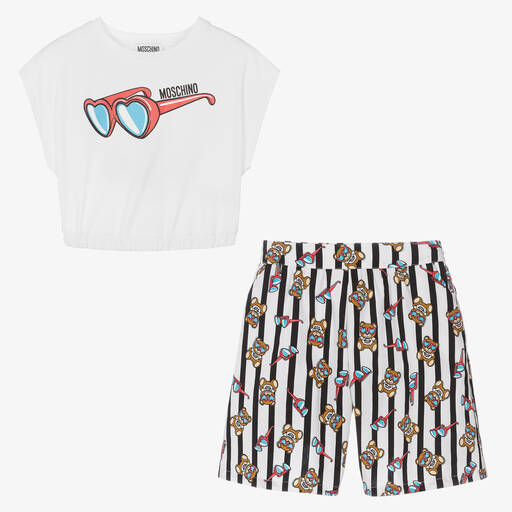 Moschino Kid-Teen-طقم شورت قطن مقلم لون أبيض وأسود للمراهقات | Childrensalon Outlet