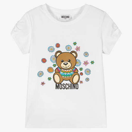 Moschino Kid-Teen-Teen Girls White Cotton Floral Logo T-Shirt | Childrensalon Outlet