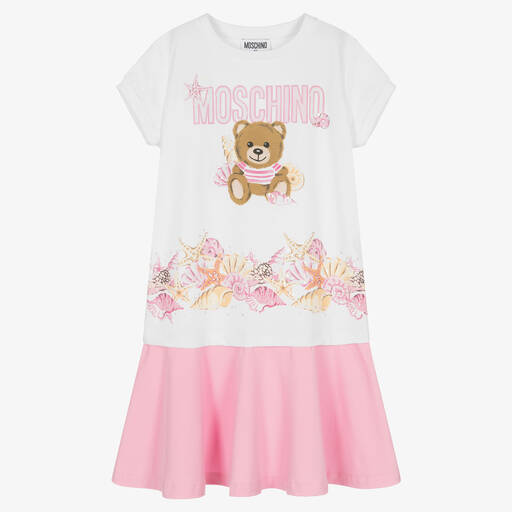 Moschino Kid-Teen-Teen Girls White & Pink Logo Dress | Childrensalon Outlet