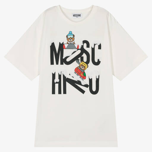Moschino Kid-Teen-Teen Ivory Cotton Logo T-Shirt | Childrensalon Outlet