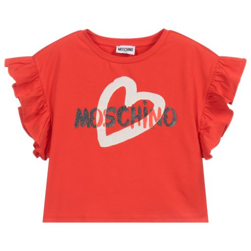 Moschino Kid-Teen-تيشيرت كروب قطن جيرسي لون أحمر، أسود وأبيض | Childrensalon Outlet