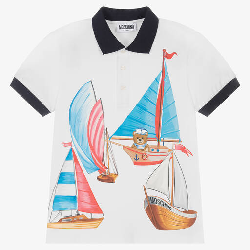 Moschino Kid-Teen-Teen White & Blue Sailing Boat Polo Shirt | Childrensalon Outlet
