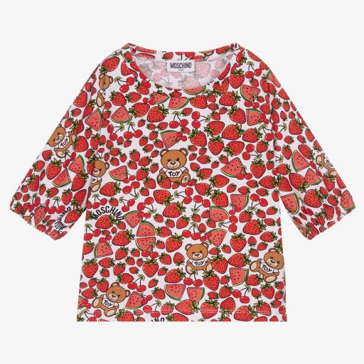 Moschino Kid-Teen-Teen White & Red Fruit Logo T-Shirt | Childrensalon Outlet