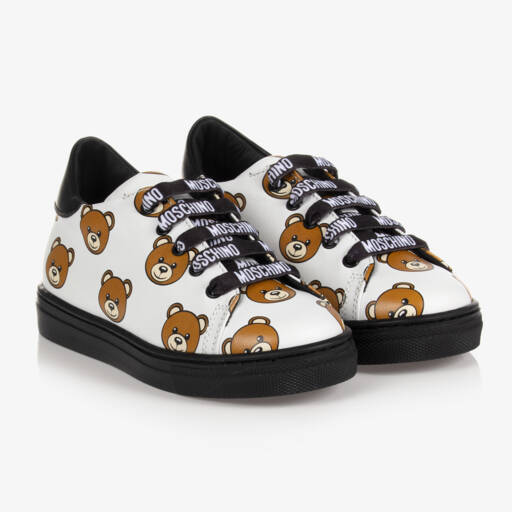 Moschino Kid-Teen-White Bear Pattern Leather Trainers | Childrensalon Outlet