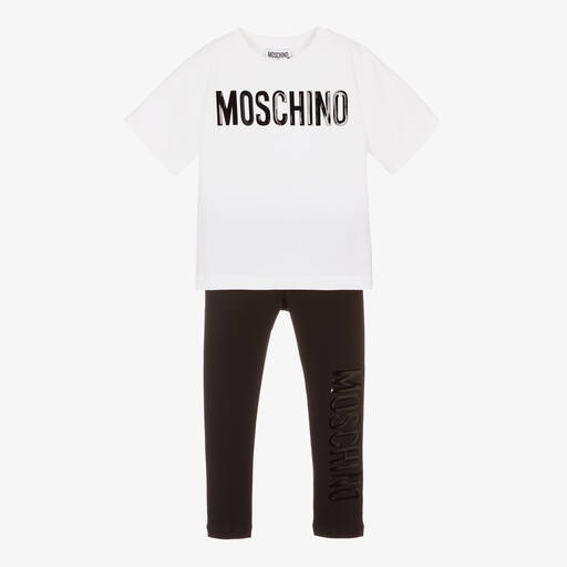 Moschino Kid-Teen-طقم ليغنغز قطن جيرسي لون أيبض وأسود للبنات | Childrensalon Outlet