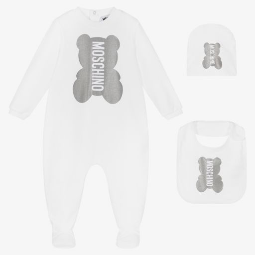 Moschino Baby-Weißes Baumwollstrampler-Set | Childrensalon Outlet