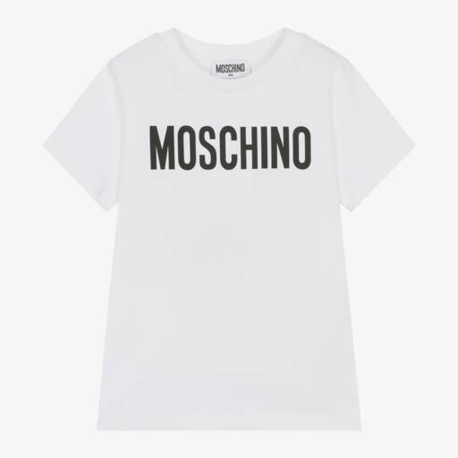 Moschino-White Cotton T-Shirt With Large Black Logo | Childrensalon Outlet
