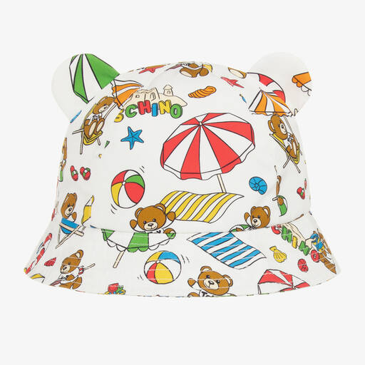 Moschino Baby-White Cotton Teddy Bear Beach Print Hat | Childrensalon Outlet
