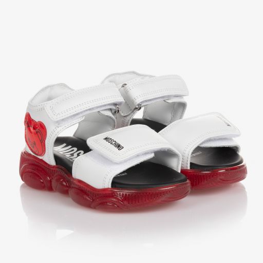 Moschino Kid-Teen-White Leather Logo Sandals | Childrensalon Outlet