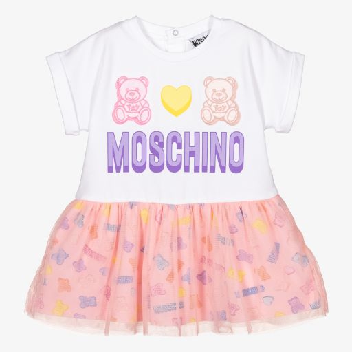 Moschino Малыши-Бело-розовое хлопковое платье | Childrensalon Outlet