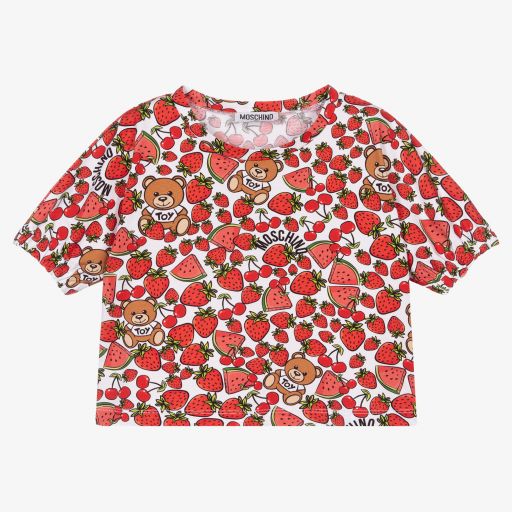 Moschino Kid-Teen-White & Red Fruit Logo T-Shirt | Childrensalon Outlet