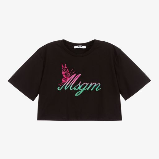 MSGM-Black Cropped Logo T-Shirt | Childrensalon Outlet