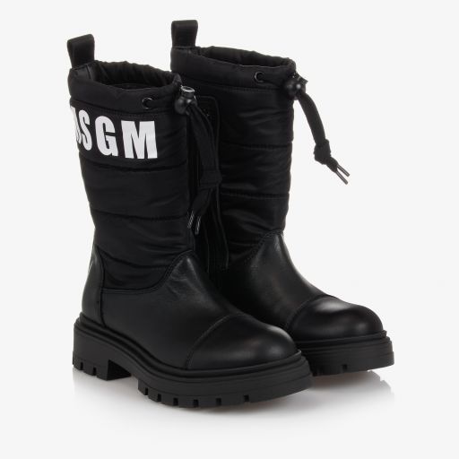 MSGM-Black Leather Logo Boots | Childrensalon Outlet