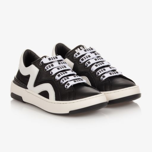 MSGM-Black Leather Logo Trainers | Childrensalon Outlet