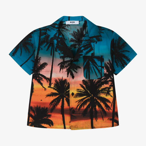 MSGM-Boys Blue & Orange Palm Tree Cotton Shirt | Childrensalon Outlet