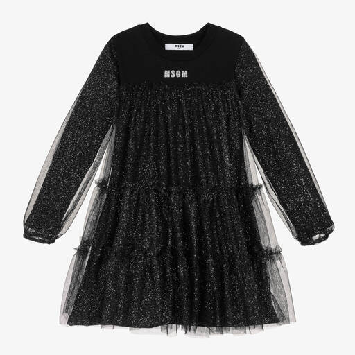MSGM-Girls Black Cotton & Glittery Tulle Dress | Childrensalon Outlet