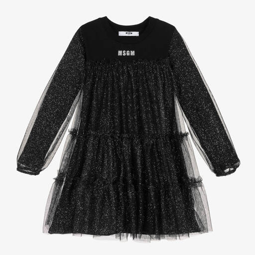 MSGM-Черное платье из хлопка и тюля с блестками | Childrensalon Outlet