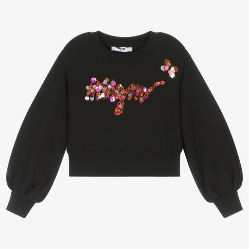 MSGM-Girls Black Cotton Sequin Sweatshirt | Childrensalon Outlet