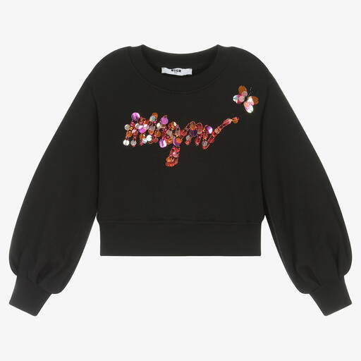 MSGM-سويتشيرت قطن جيرسي مزين بترتر لون أسود للبنات | Childrensalon Outlet