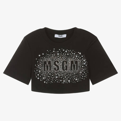 MSGM-Girls Black Cropped Diamanté T-Shirt | Childrensalon Outlet