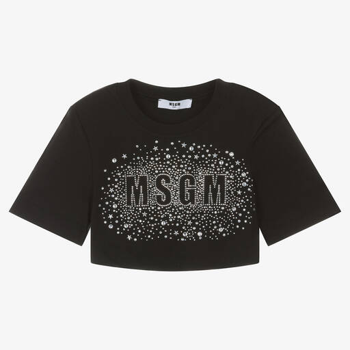 MSGM-تيشيرت كروب قطن مزين بديامنتي لون أسود للبنات | Childrensalon Outlet