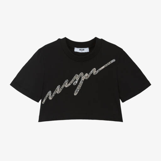 MSGM-Girls Black Diamanté Cotton Top | Childrensalon Outlet