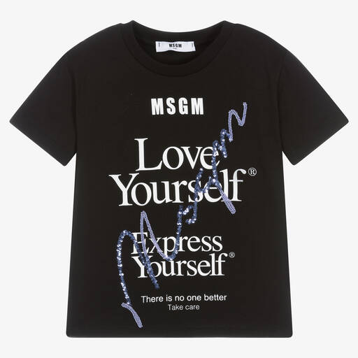MSGM-Girls Black 'Love Yourself' T-Shirt | Childrensalon Outlet