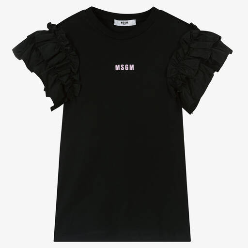 MSGM-Girls Black Ruffle Cotton Jersey Dress | Childrensalon Outlet