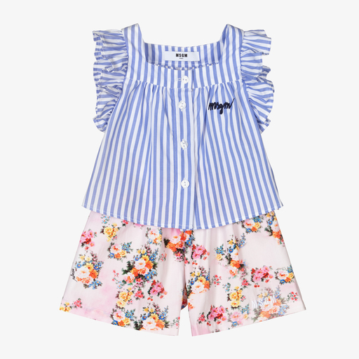 MSGM-طقم شورت أطفال بناتي قطن لون زهري وأزرق | Childrensalon Outlet
