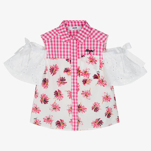 MSGM-Розовая блузка из поплина с цветами | Childrensalon Outlet