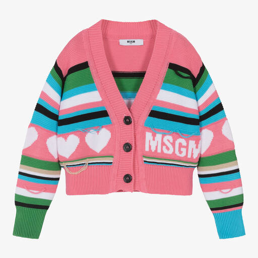 MSGM-Girls Pink Stripe Logo Cardigan | Childrensalon Outlet