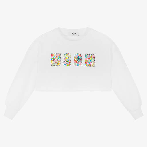 MSGM-Girls White Beaded Logo Cropped Sweatshirt | Childrensalon Outlet