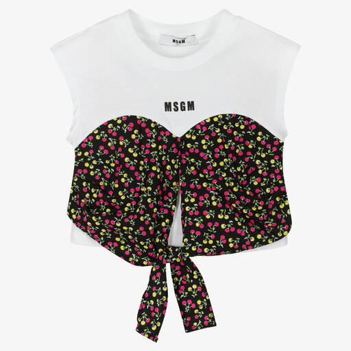 MSGM-Girls White & Black Micro Cherry Top | Childrensalon Outlet