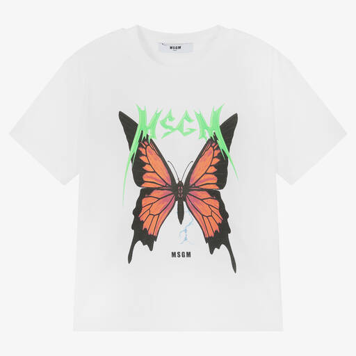 MSGM-Girls White Cotton Butterfly T-Shirt | Childrensalon Outlet