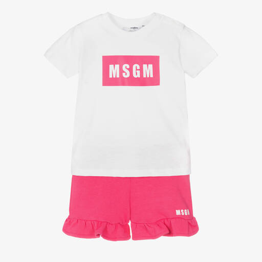 MSGM-طقم شورت أطفال بناتي قطن جيرسي لون أبيض وزهري | Childrensalon Outlet