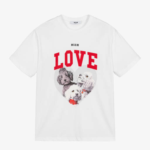 MSGM-Girls White Puppy Print Tee | Childrensalon Outlet