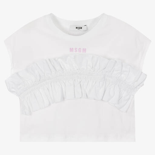 MSGM-Girls White Ruffle Cotton T-Shirt | Childrensalon Outlet