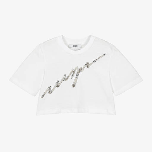 MSGM-Girls White Sparkle Logo Top | Childrensalon Outlet