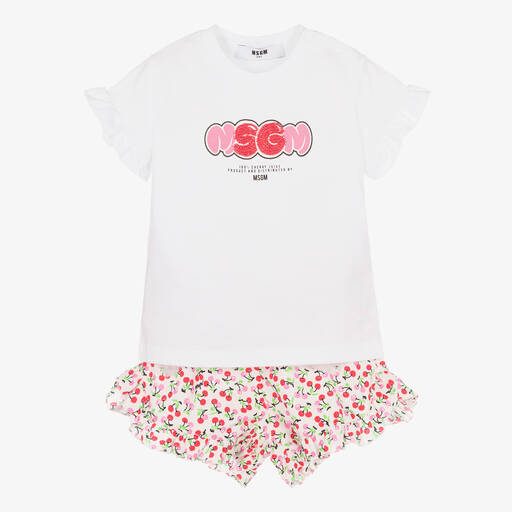 MSGM-Girls White Top & Floral Shorts Set | Childrensalon Outlet