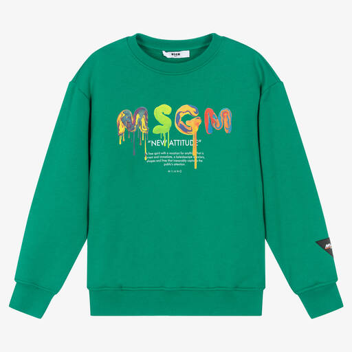 MSGM-سويتشيرت تينز ولادي قطن جيرسي لون أخضر | Childrensalon Outlet